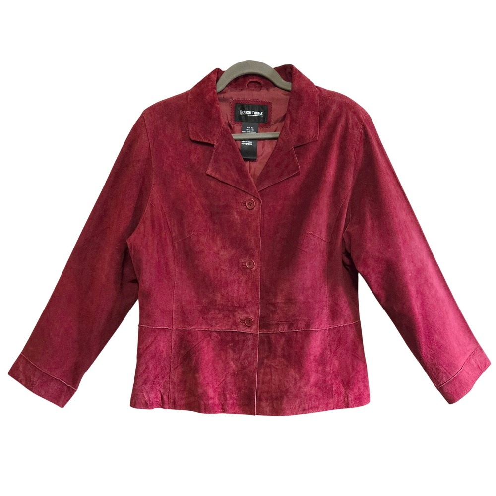 Brandon Thomas Chic Red Suede Leather Jacket Womens XL Button Front Blazer Coat